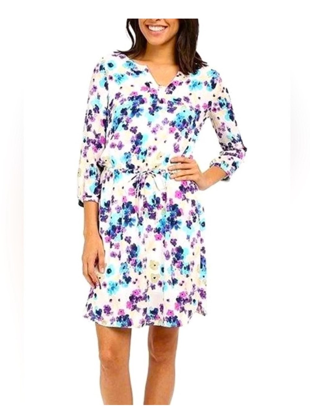 NYDJ "Alexa" Floral Drawstring Waist Dress (No Shape-wear) S
